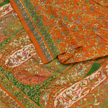 Indian Vintage Sari Orange 100% Pure Silk Printed Saree Craft Fabric 6yd Sewing Dress Making Soft Wrap Paisley Quilting Crafting Upcycle