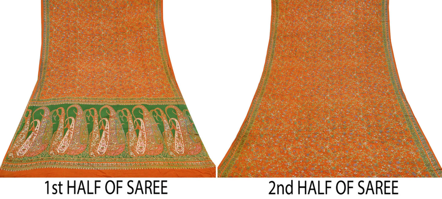 Indian Vintage Sari Orange 100% Pure Silk Printed Saree Craft Fabric 6yd Sewing Dress Making Soft Wrap Paisley Quilting Crafting Upcycle