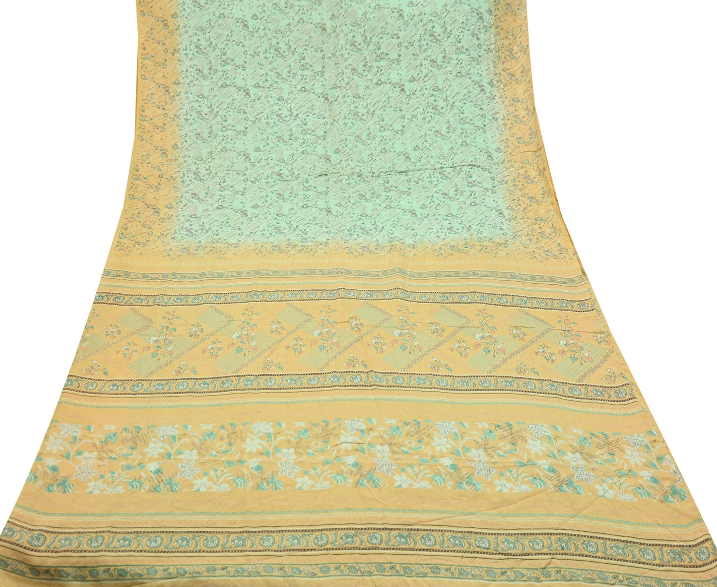 Indian Vintage Sari Green & Beige Pure Silk Printed Sarees Craft Fabric 5yd Sewing Floral Dress Making Soft Crafting Quilting Upcycle