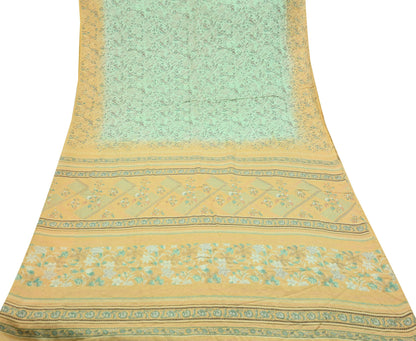 Indian Vintage Sari Green & Beige Pure Silk Printed Sarees Craft Fabric 5yd Sewing Floral Dress Making Soft Crafting Quilting Upcycle