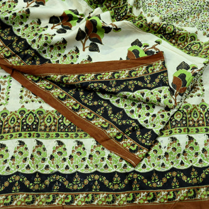 Indian Vintage Sari Ivory & Black Printed Pure Silk Sarees 6yd Sewing Craft Fabric DressMaking Soft Wrap Upcycle Quilting Crafting Used