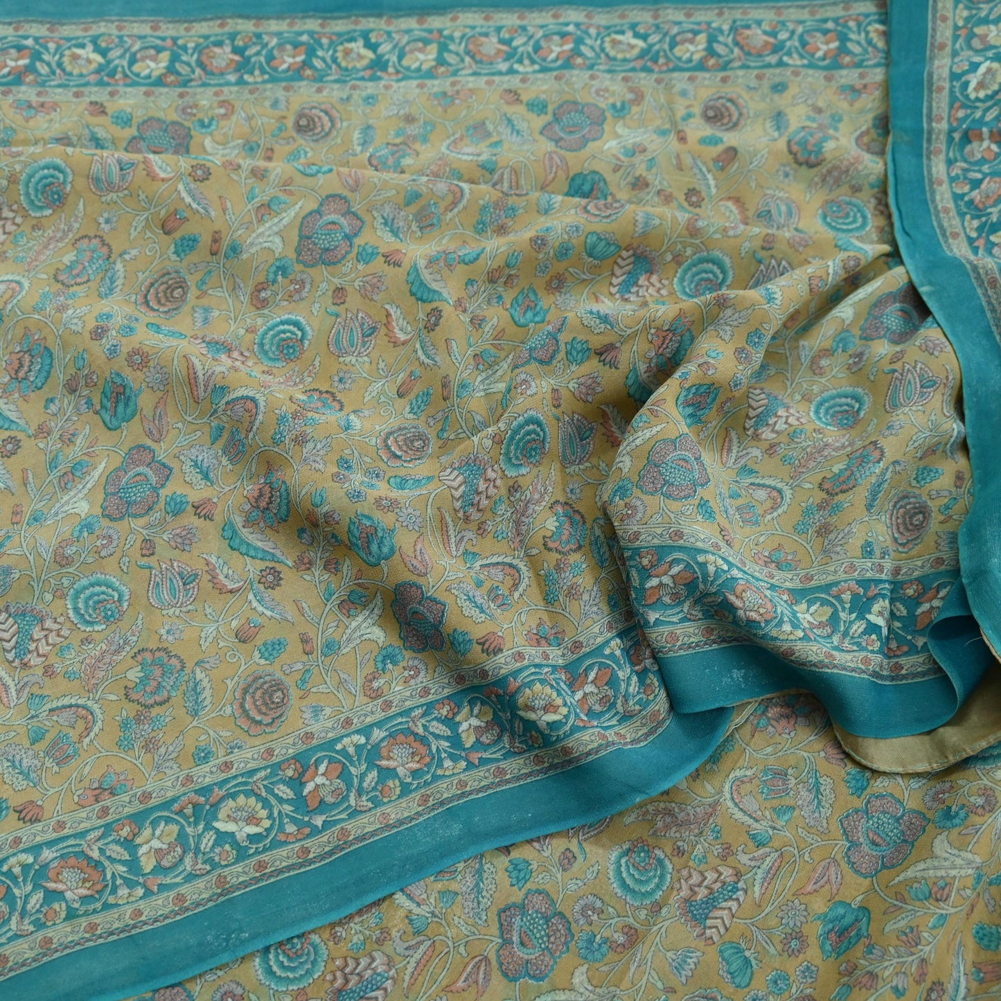 Indian Vintage Sari Beige & Blue Pure Georgette Silk Sarees Craft Fabric Sewing 5Yd Soft Light Dress Making Floral Upcycle Quilting Crafting