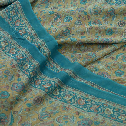 Indian Vintage Sari Beige & Blue Pure Georgette Silk Sarees Craft Fabric Sewing 5Yd Soft Light Dress Making Floral Upcycle Quilting Crafting