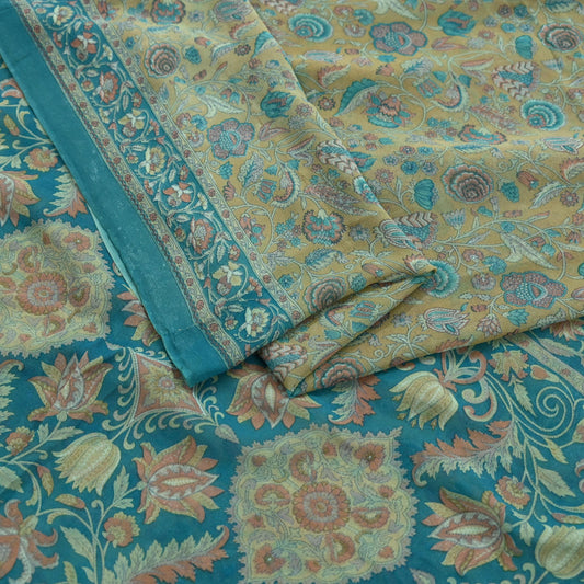 Indian Vintage Sari Beige & Blue Pure Georgette Silk Sarees Craft Fabric Sewing 5Yd Soft Light Dress Making Floral Upcycle Quilting Crafting