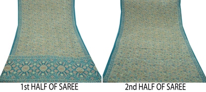 Indian Vintage Sari Beige & Blue Pure Georgette Silk Sarees Craft Fabric Sewing 5Yd Soft Light Dress Making Floral Upcycle Quilting Crafting