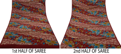 Indian Vintage Sari Maroon Pure Crepe Silk Printed Saree 5yd Sewing Floral Soft Craft Fabric Ethnic Wrap Dress making Crafting Quilting