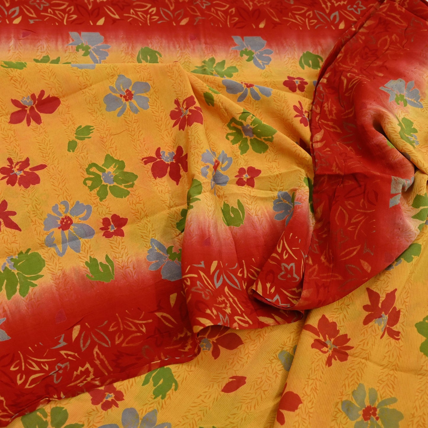 Indian Vintage Sari Mustard Pure Crepe Silk Printed Saree 5yd Sewing Floral Soft Craft Fabric Wrap Dress making Crafting Quilting