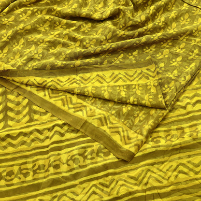 Indian Vintage Sari Yellow & Green Pure Crepe Silk Printed Sarees 5yd Sewing Floral Soft Craft Fabric Wrap Dress making Crafting Quilting