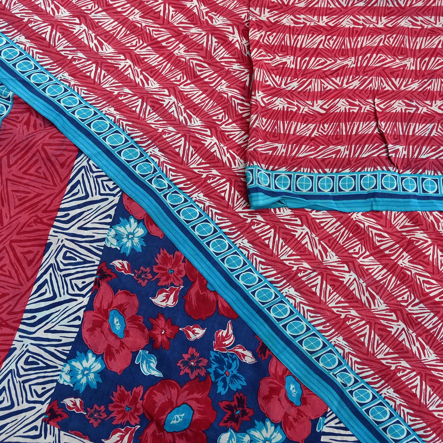Indian Vintage Sari Blue & Pink Pure Crepe Silk Printed Saree 5yard Sewing Floral Soft Craft Fabric Wrap Dress making Crafting Quilting