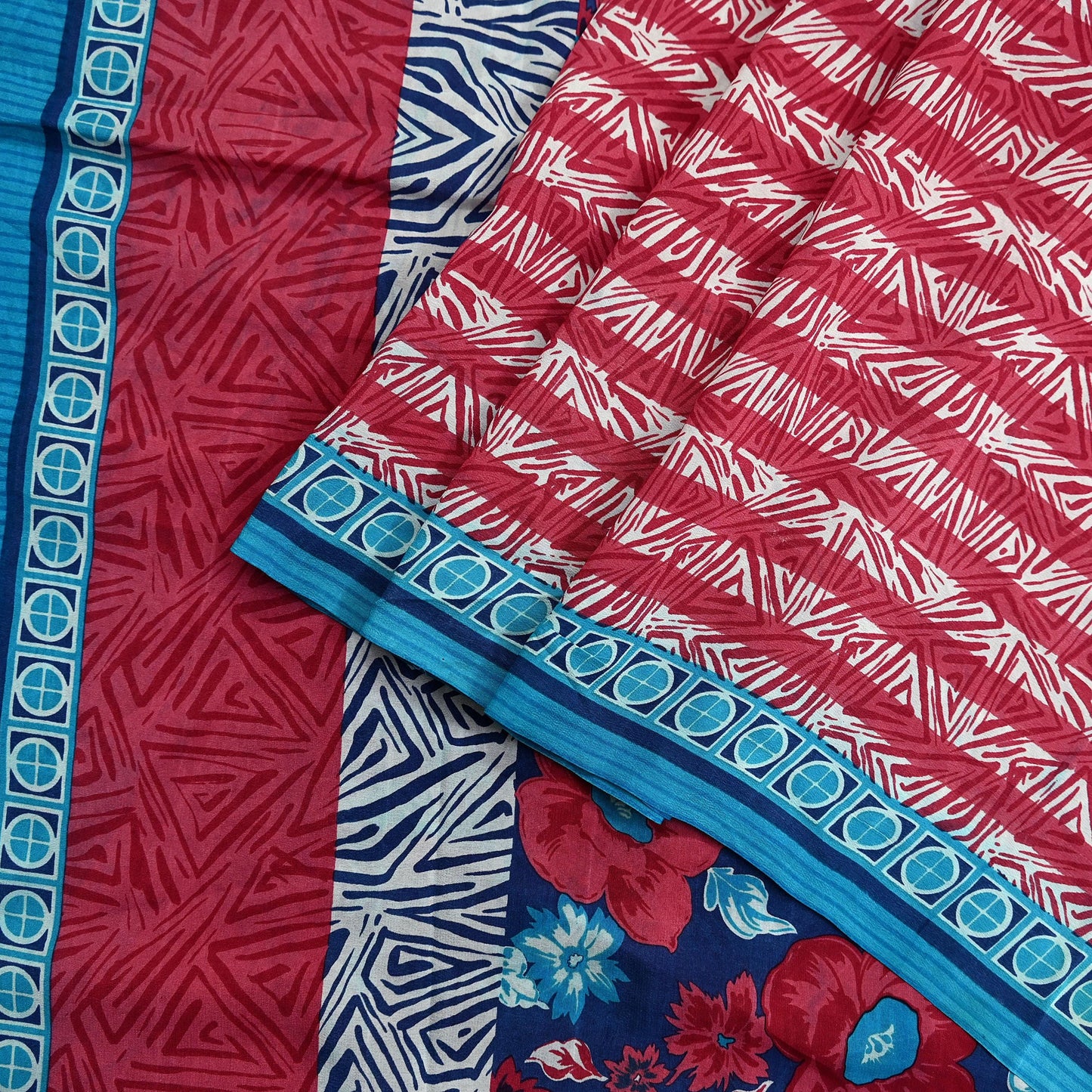 Indian Vintage Sari Blue & Pink Pure Crepe Silk Printed Saree 5yard Sewing Floral Soft Craft Fabric Wrap Dress making Crafting Quilting