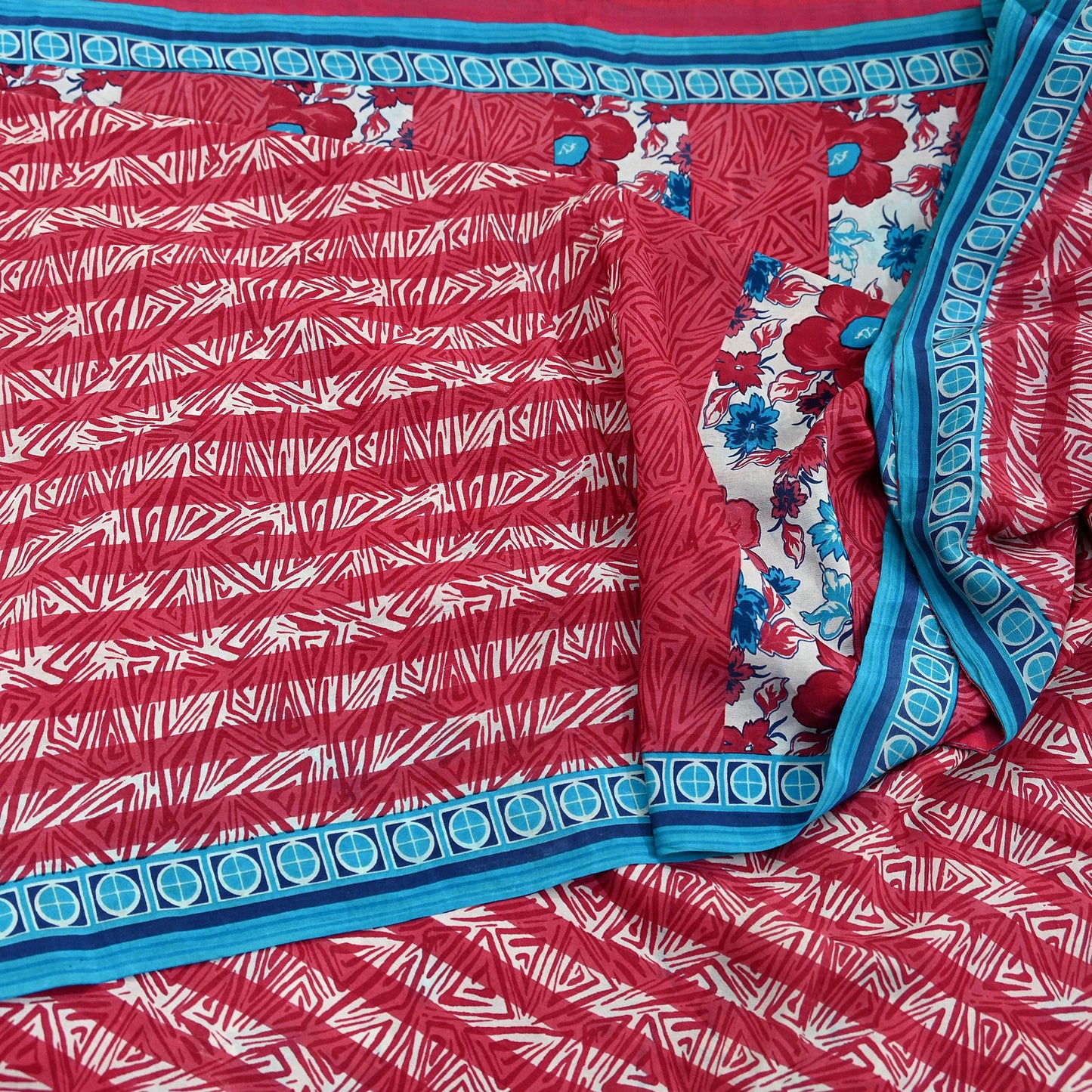 Indian Vintage Sari Blue & Pink Pure Crepe Silk Printed Saree 5yard Sewing Floral Soft Craft Fabric Wrap Dress making Crafting Quilting