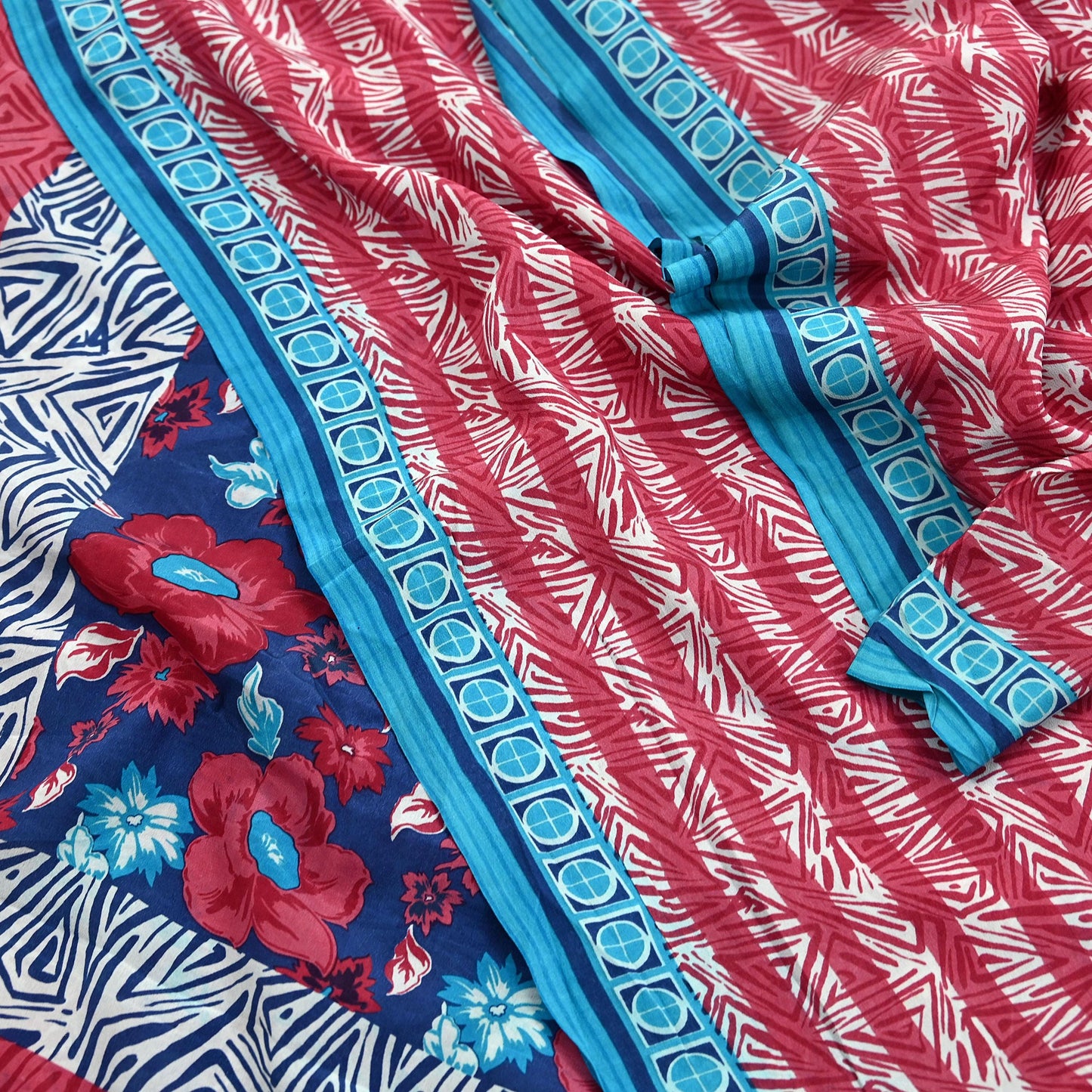 Indian Vintage Sari Blue & Pink Pure Crepe Silk Printed Saree 5yard Sewing Floral Soft Craft Fabric Wrap Dress making Crafting Quilting