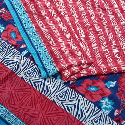 Indian Vintage Sari Blue & Pink Pure Crepe Silk Printed Saree 5yard Sewing Floral Soft Craft Fabric Wrap Dress making Crafting Quilting