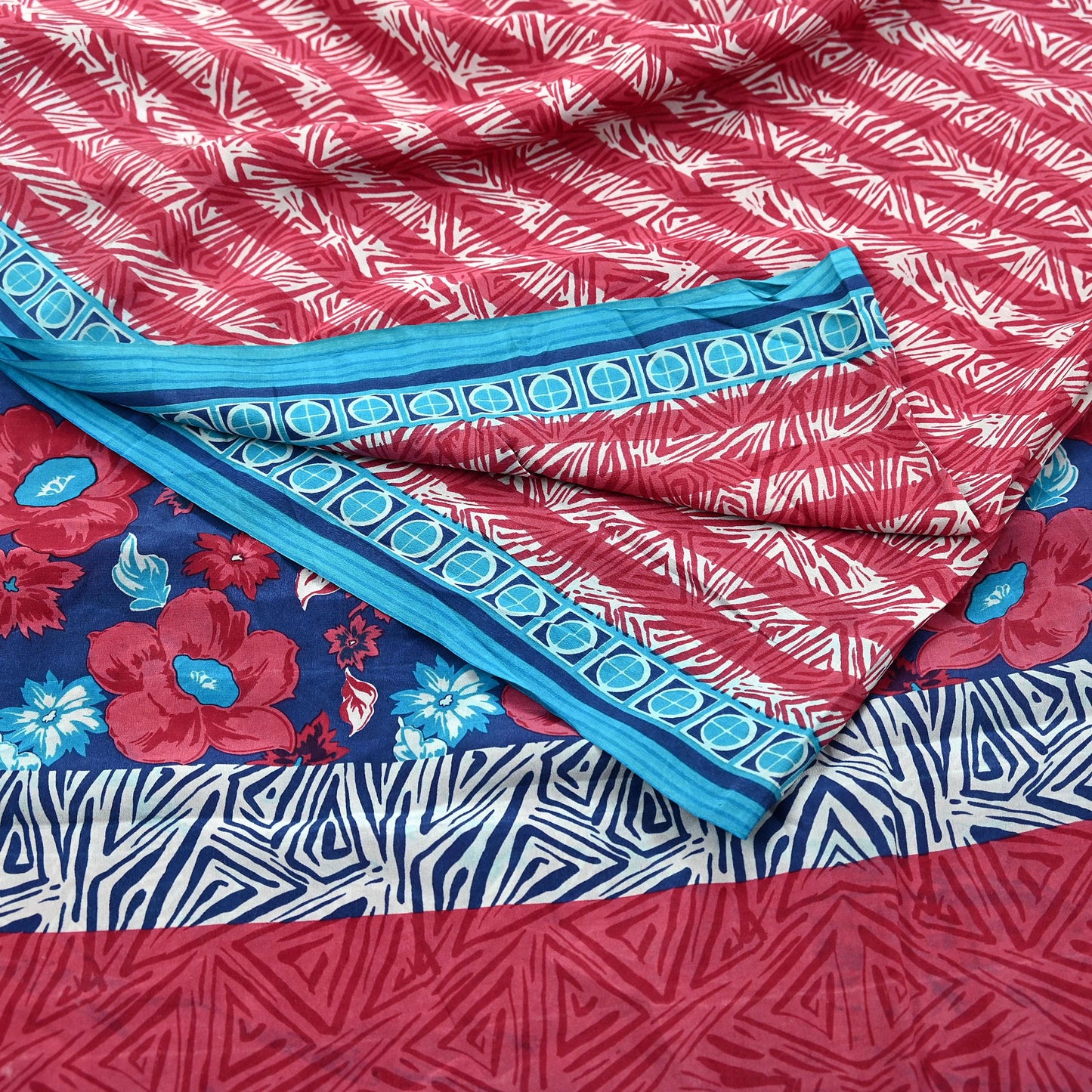 Indian Vintage Sari Blue & Pink Pure Crepe Silk Printed Saree 5yard Sewing Floral Soft Craft Fabric Wrap Dress making Crafting Quilting
