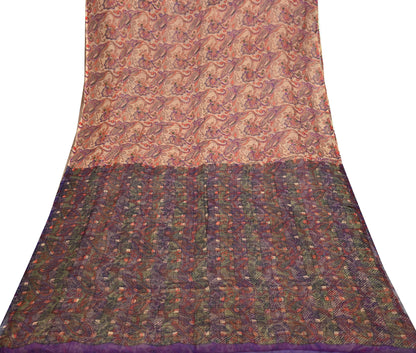 Women Vintage Sari Beige & Purple Pure Chiffon Silk Printed Saree Craft Fabric Sewing 6Yd Soft Light Sari Dress Making Floral