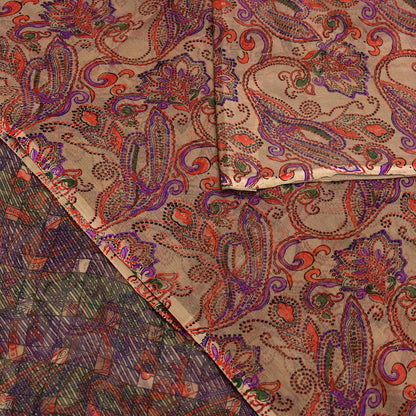 Women Vintage Sari Beige & Purple Pure Chiffon Silk Printed Saree Craft Fabric Sewing 6Yd Soft Light Sari Dress Making Floral
