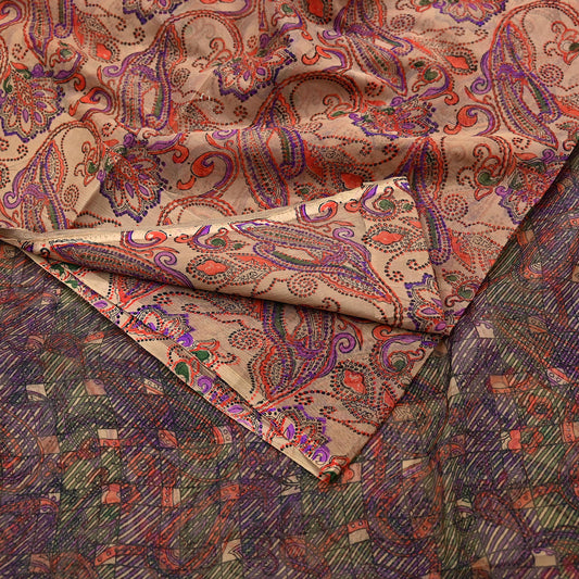 Women Vintage Sari Beige & Purple Pure Chiffon Silk Printed Saree Craft Fabric Sewing 6Yd Soft Light Sari Dress Making Floral