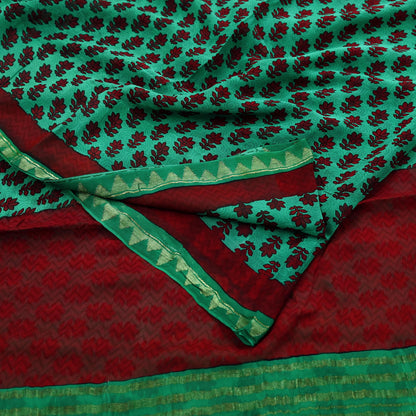 Indian Vintage Sari Green & Maroon Pure Georgette Silk Printed Sarees Craft Fabric Sewing 5Yd Soft Dress Making Crafting Quilting Zari