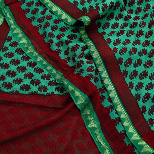 Indian Vintage Sari Green & Maroon Pure Georgette Silk Printed Sarees Craft Fabric Sewing 5Yd Soft Dress Making Crafting Quilting Zari