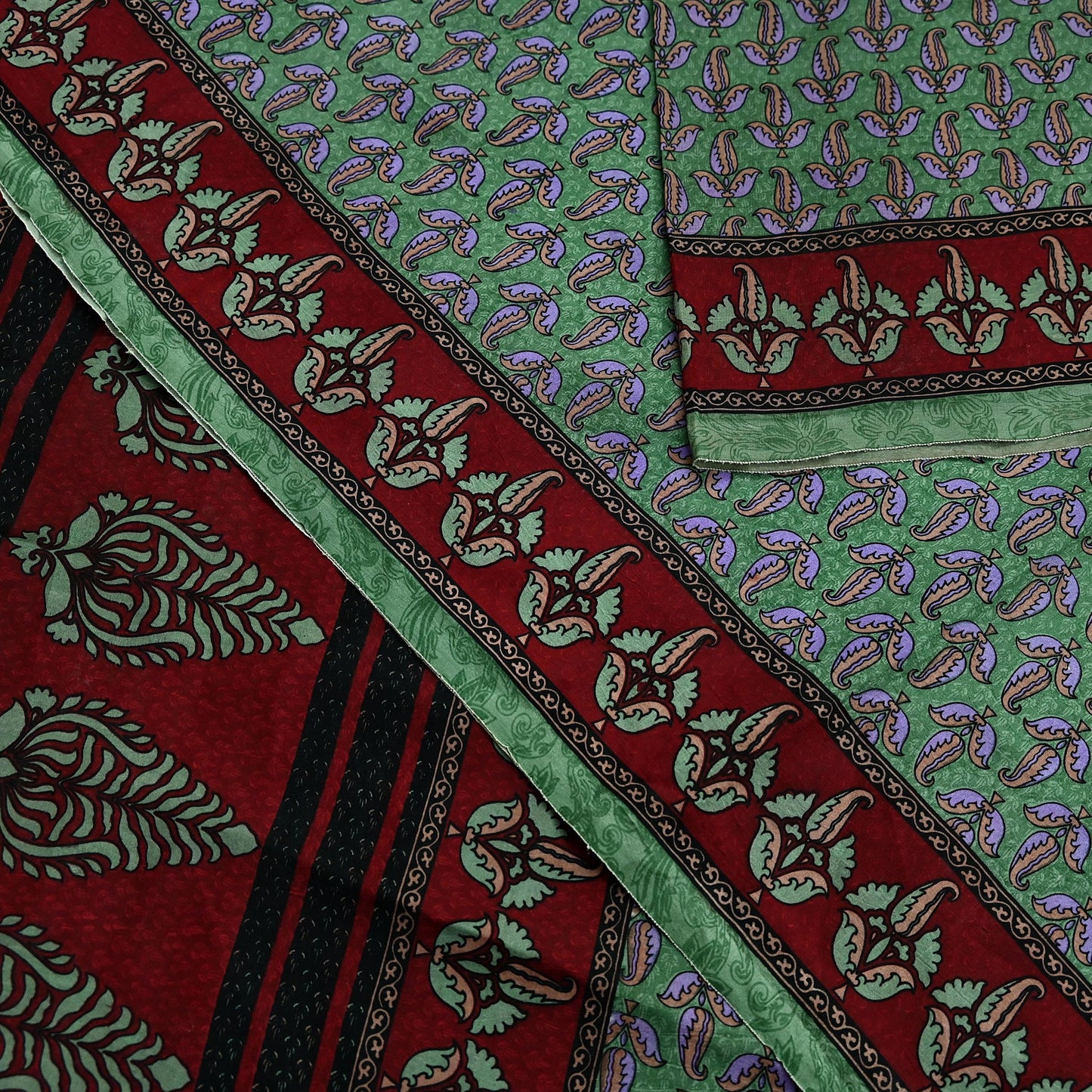 Indian Vintage Sari Maroon & Green Pure Silk Printed Saree Craft Fabric 6yd Sewing Dress Making Soft Floral Dress making Crafting Quilting