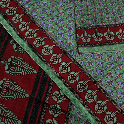 Indian Vintage Sari Maroon & Green Pure Silk Printed Saree Craft Fabric 6yd Sewing Dress Making Soft Floral Dress making Crafting Quilting