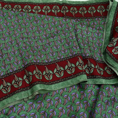 Indian Vintage Sari Maroon & Green Pure Silk Printed Saree Craft Fabric 6yd Sewing Dress Making Soft Floral Dress making Crafting Quilting