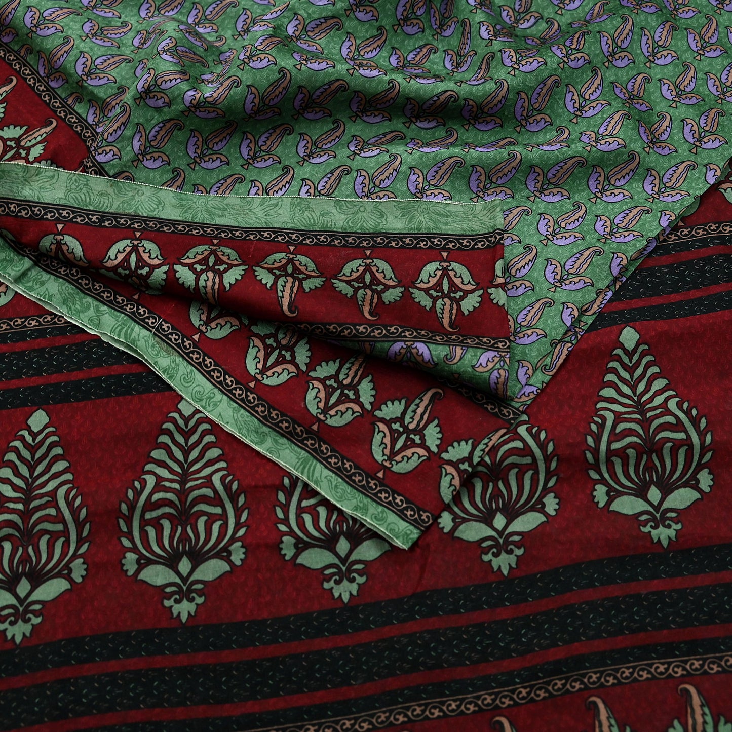 Indian Vintage Sari Maroon & Green Pure Silk Printed Saree Craft Fabric 6yd Sewing Dress Making Soft Floral Dress making Crafting Quilting