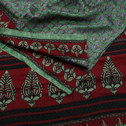 Indian Vintage Sari Maroon & Green Pure Silk Printed Saree Craft Fabric 6yd Sewing Dress Making Soft Floral Dress making Crafting Quilting