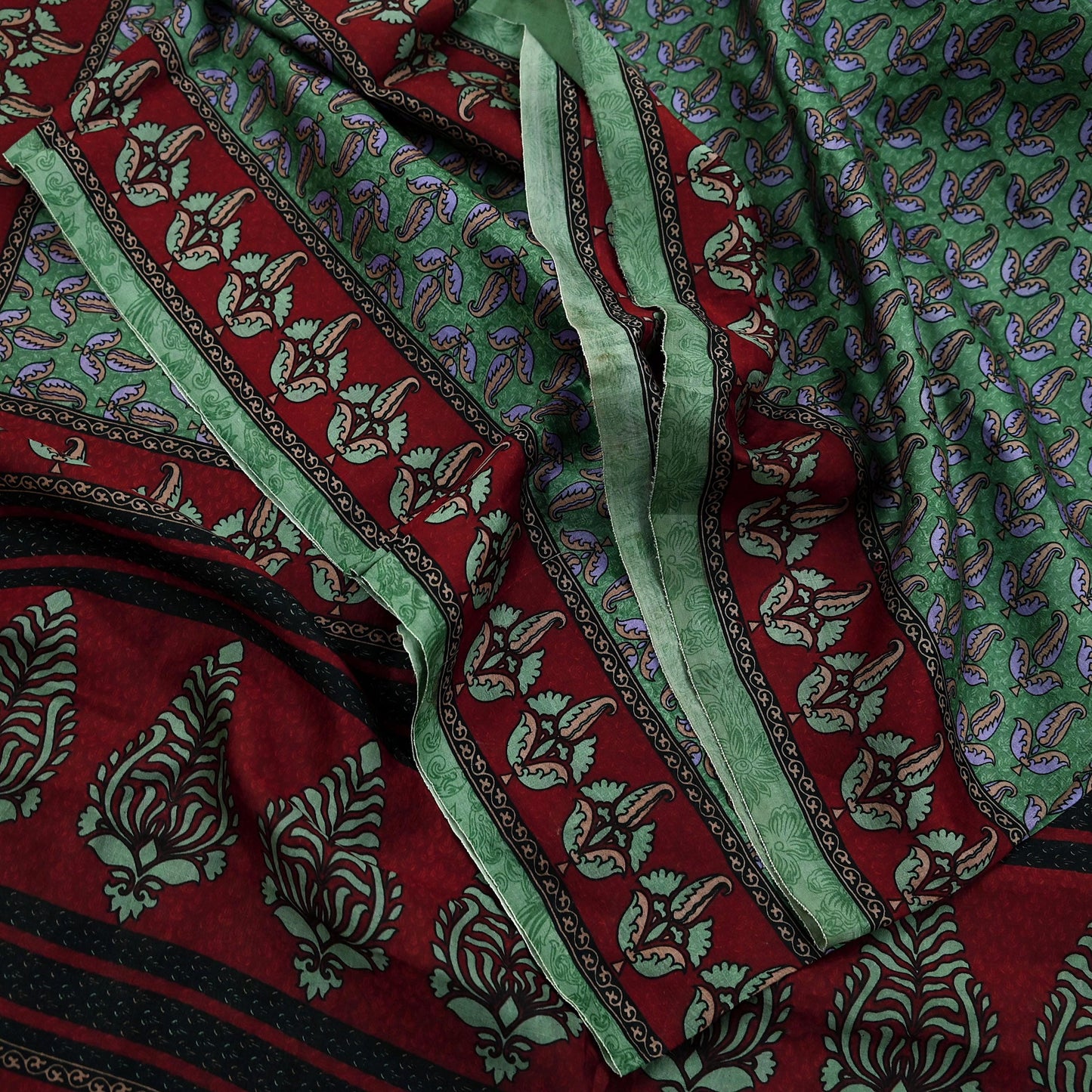 Indian Vintage Sari Maroon & Green Pure Silk Printed Saree Craft Fabric 6yd Sewing Dress Making Soft Floral Dress making Crafting Quilting