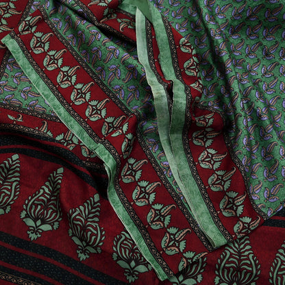 Indian Vintage Sari Maroon & Green Pure Silk Printed Saree Craft Fabric 6yd Sewing Dress Making Soft Floral Dress making Crafting Quilting
