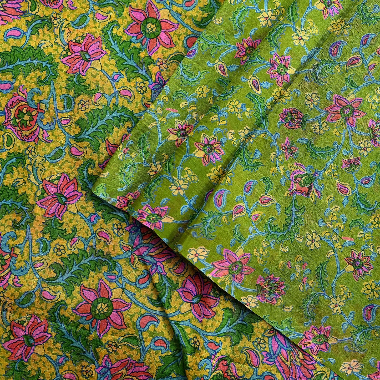 Indian Vintage Sari Green & Yellow 100% Pure Silk Printed Sarees 5yd Sewing Craft Fabric DressMaking Soft Crafting Quilting Upcycle