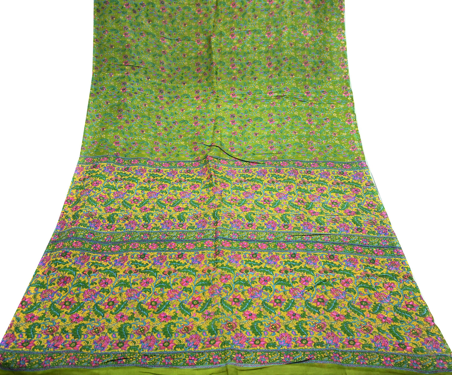 Indian Vintage Sari Green & Yellow 100% Pure Silk Printed Sarees 5yd Sewing Craft Fabric DressMaking Soft Crafting Quilting Upcycle