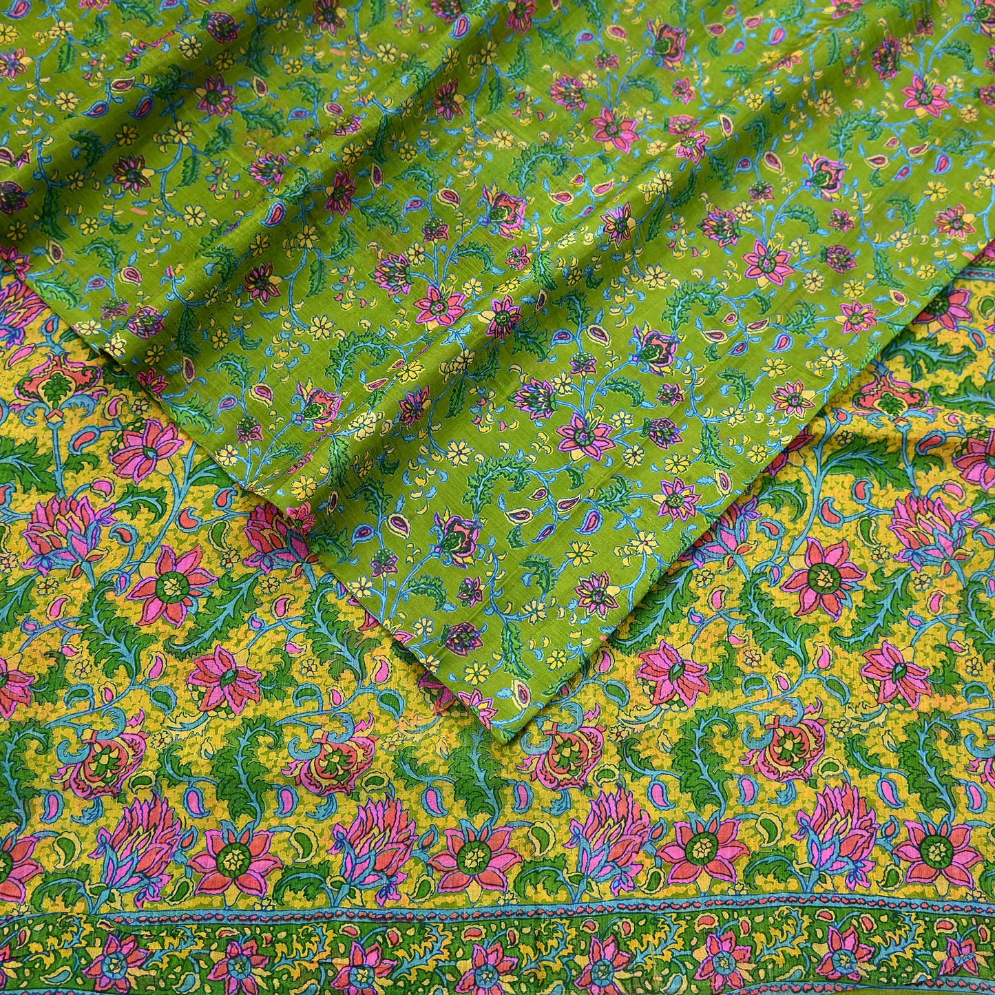 Indian Vintage Sari Green & Yellow 100% Pure Silk Printed Sarees 5yd Sewing Craft Fabric DressMaking Soft Crafting Quilting Upcycle