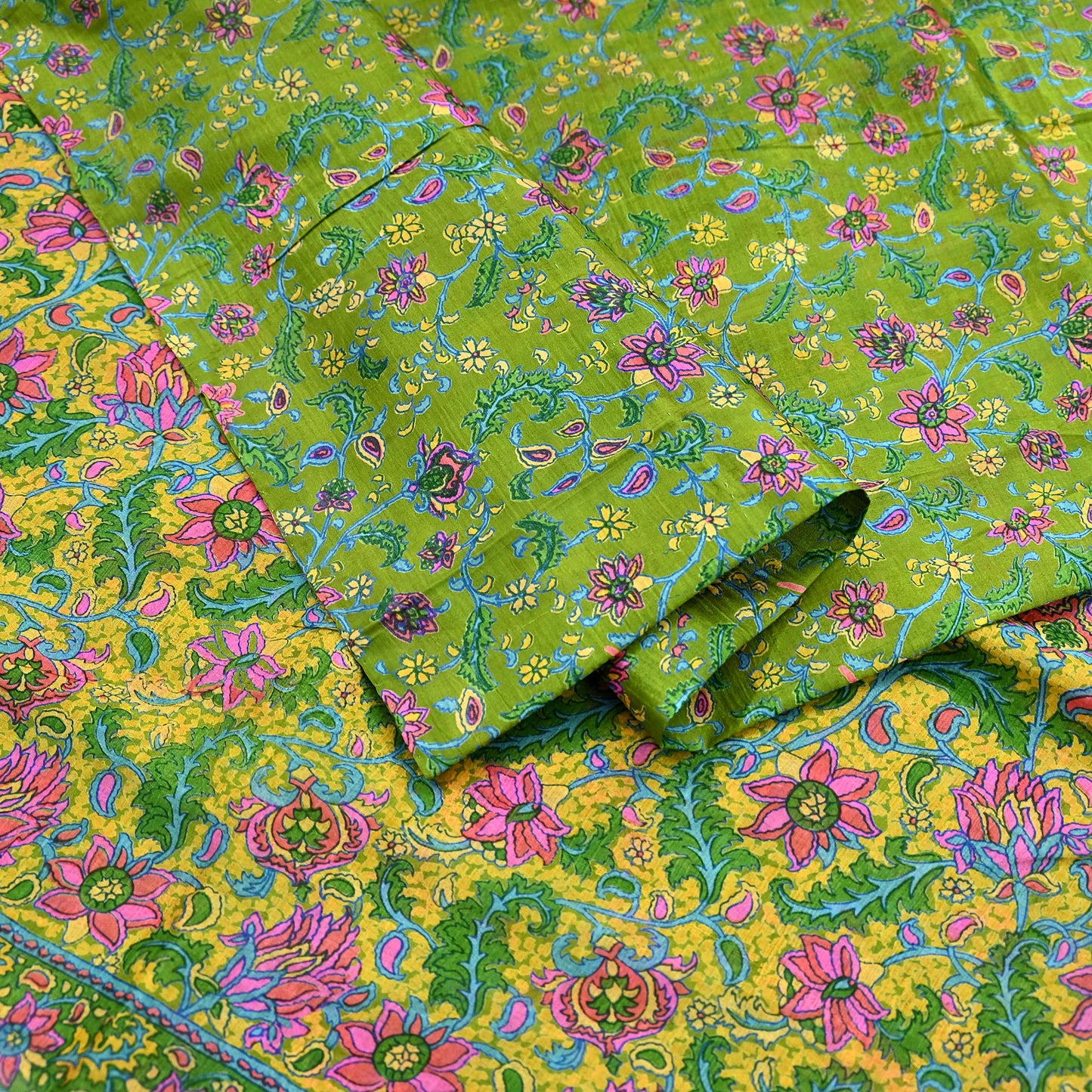 Indian Vintage Sari Green & Yellow 100% Pure Silk Printed Sarees 5yd Sewing Craft Fabric DressMaking Soft Crafting Quilting Upcycle