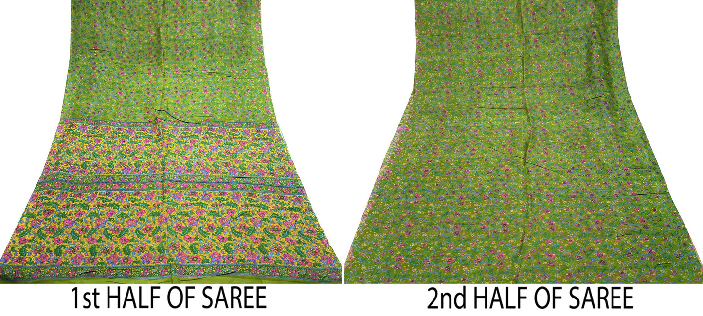 Indian Vintage Sari Green & Yellow 100% Pure Silk Printed Sarees 5yd Sewing Craft Fabric DressMaking Soft Crafting Quilting Upcycle