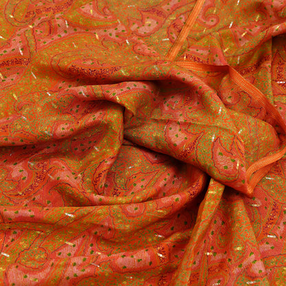 Indian Vintage Sari Orange 100% Pure Silk Printed Sarees 5yd Sewing Craft Fabric Zari Dress Making Soft Wrap Quilting Used Crafting Upcycle