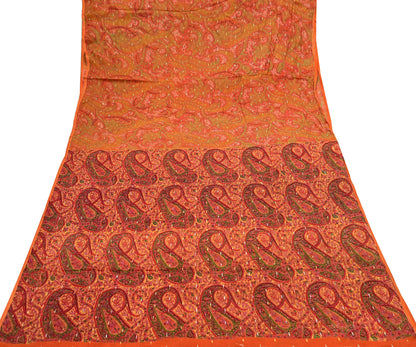 Indian Vintage Sari Orange 100% Pure Silk Printed Sarees 5yd Sewing Craft Fabric Zari Dress Making Soft Wrap Quilting Used Crafting Upcycle