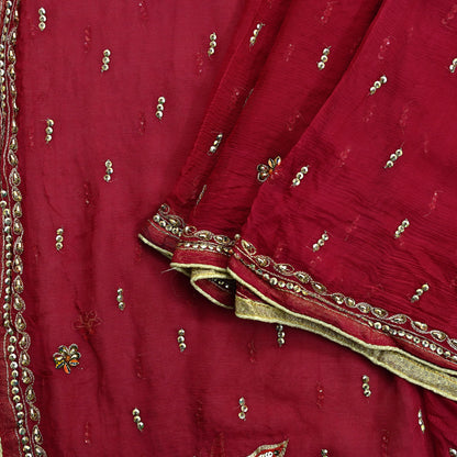 Indian Women Vintage Red Dupatta Pure Chiffon silk Long Stole Hand Embroidered Hijab Scarves Veil Wrap soft Zari
