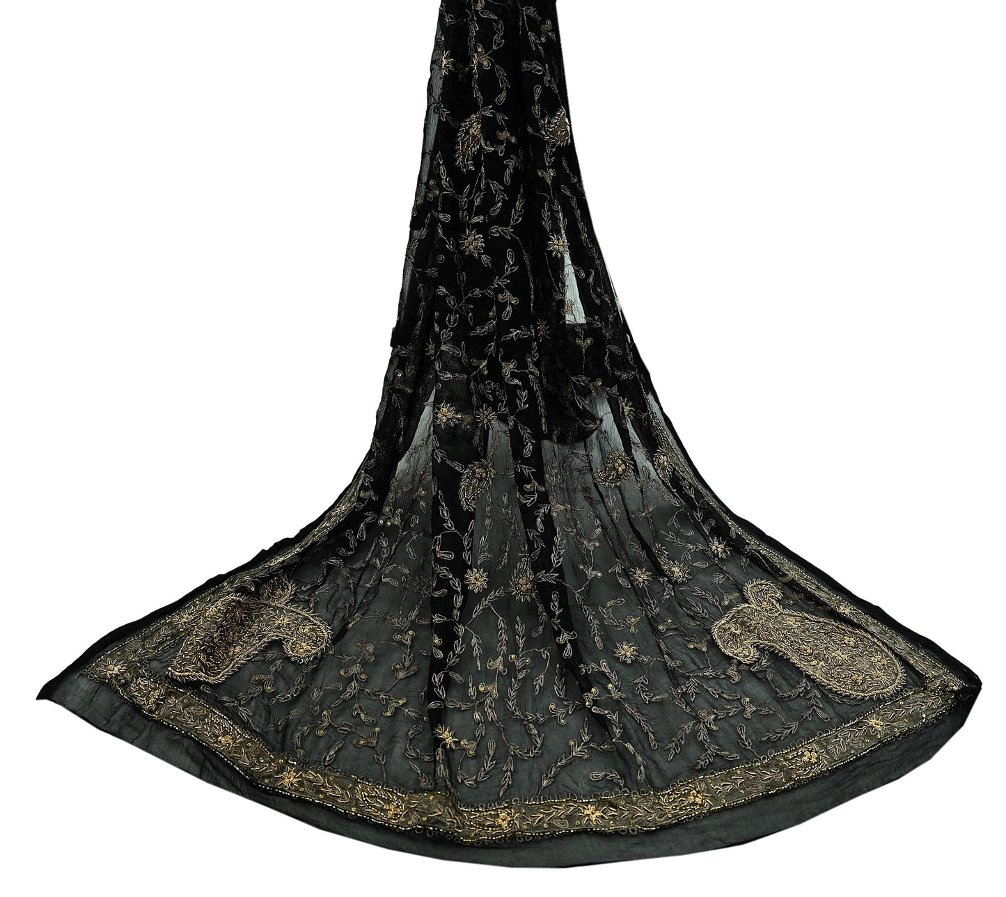 Indian Vintage Black Dupatta Pure Chiffon silk Long Stole Hand Embroidered Scarves Floral Design Stole Veil Wrap Zari Zardozi