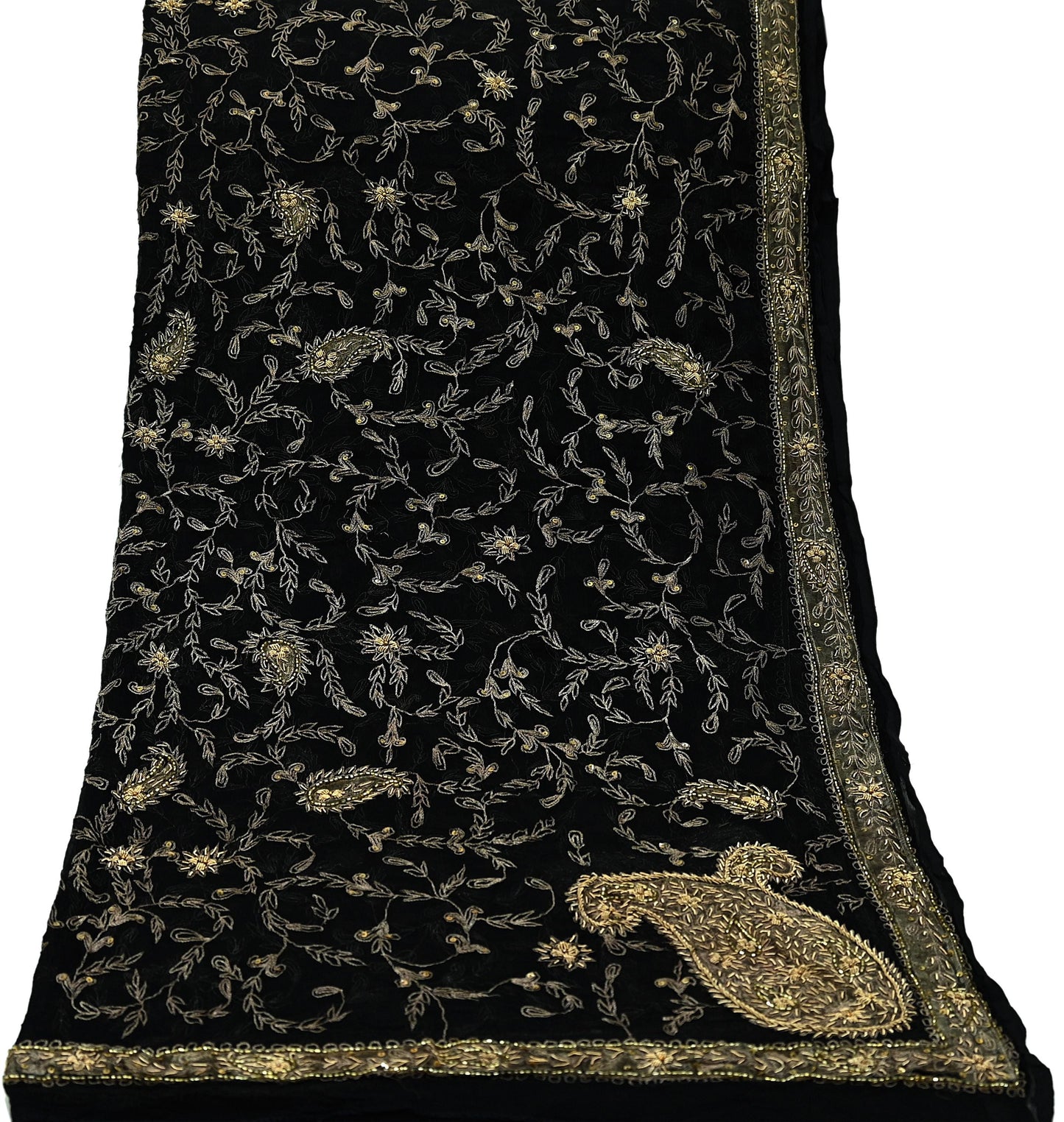 Indian Vintage Black Dupatta Pure Chiffon silk Long Stole Hand Embroidered Scarves Floral Design Stole Veil Wrap Zari Zardozi