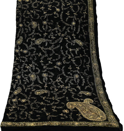 Indian Vintage Black Dupatta Pure Chiffon silk Long Stole Hand Embroidered Scarves Floral Design Stole Veil Wrap Zari Zardozi