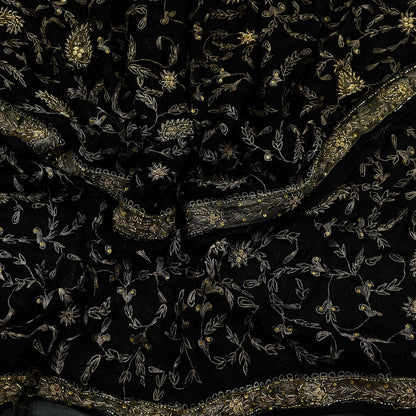 Indian Vintage Black Dupatta Pure Chiffon silk Long Stole Hand Embroidered Scarves Floral Design Stole Veil Wrap Zari Zardozi