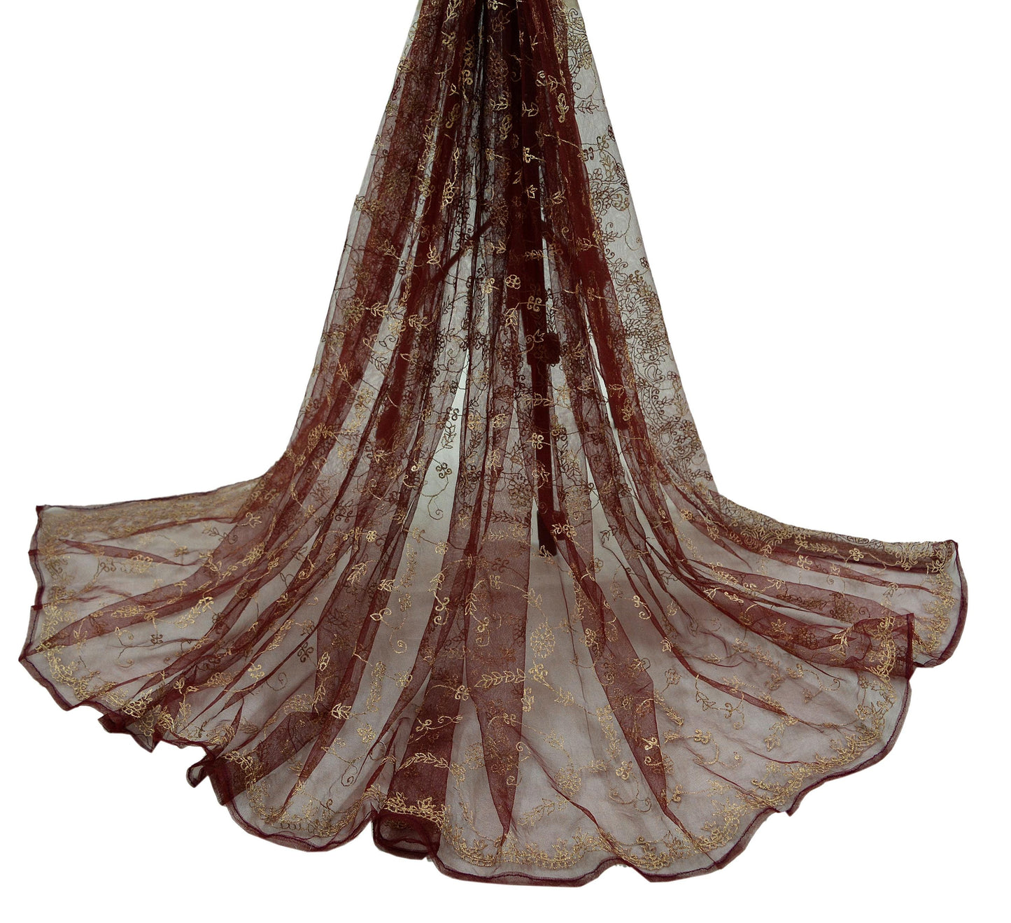 Indian Vintage Heavy Maroon Dupatta Net Mesh Long Stole Hand Embroidered Scarves Golden Zari Hijab Veil wrap Boho