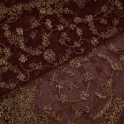 Indian Vintage Heavy Maroon Dupatta Net Mesh Long Stole Hand Embroidered Scarves Golden Zari Hijab Veil wrap Boho