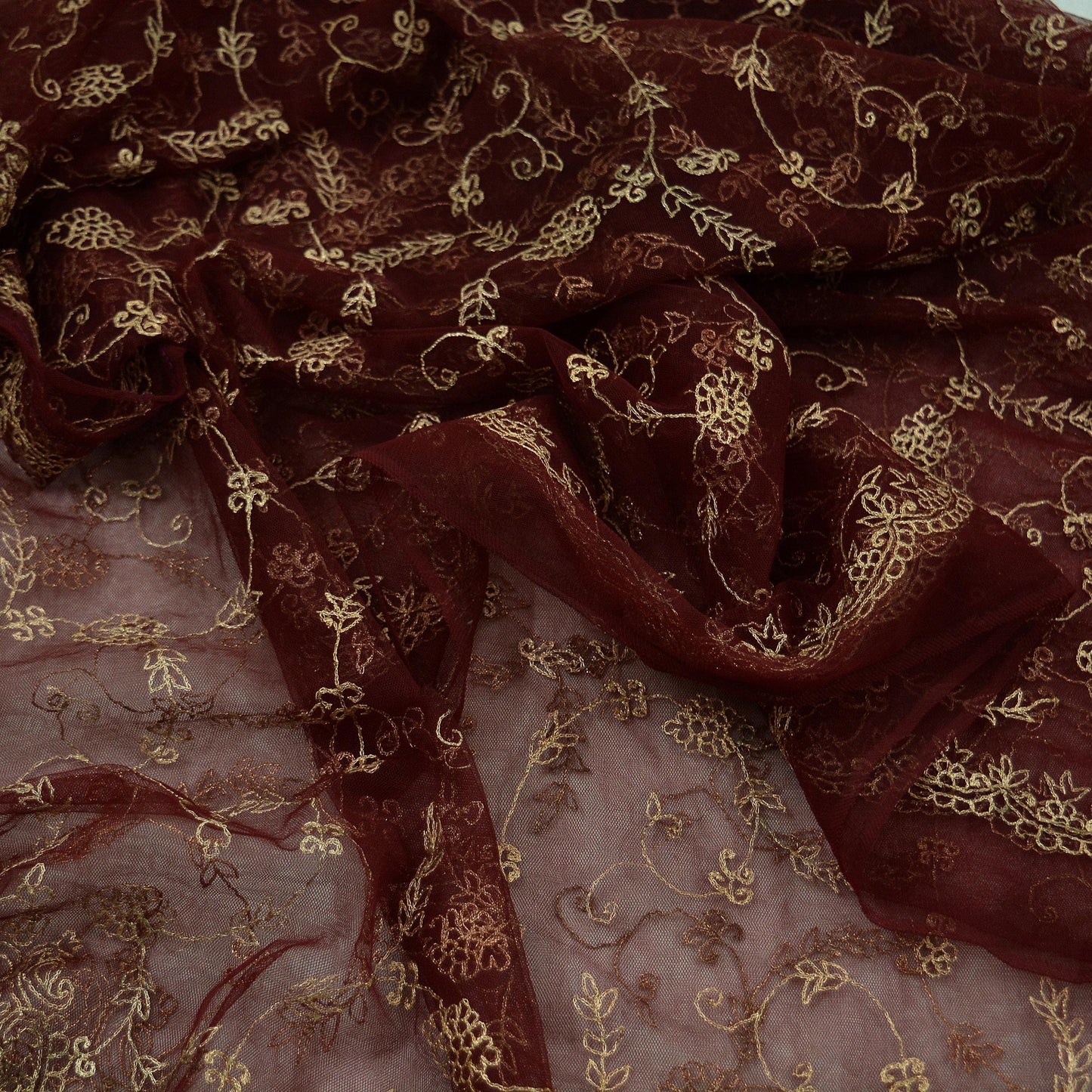 Indian Vintage Heavy Maroon Dupatta Net Mesh Long Stole Hand Embroidered Scarves Golden Zari Hijab Veil wrap Boho