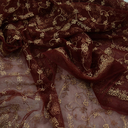 Indian Vintage Heavy Maroon Dupatta Net Mesh Long Stole Hand Embroidered Scarves Golden Zari Hijab Veil wrap Boho
