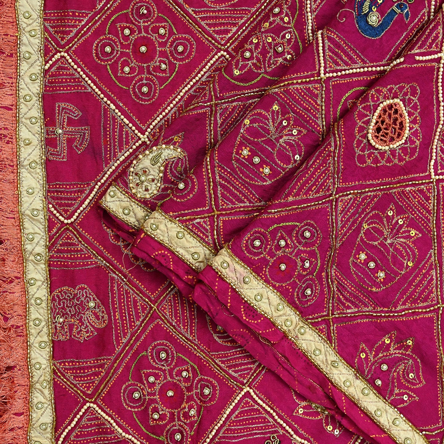 Indian Vintage Heavy Pink Dupatta Pure Silk Long Stole Hand Embroidered Bandhani Scarves Zardozi Bridal Veil Hijab Peacock/Elephants/Paisley