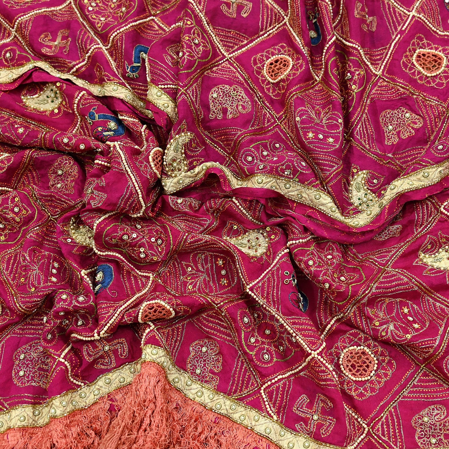 Indian Vintage Heavy Pink Dupatta Pure Silk Long Stole Hand Embroidered Bandhani Scarves Zardozi Bridal Veil Hijab Peacock/Elephants/Paisley