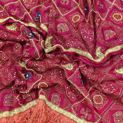 Indian Vintage Heavy Pink Dupatta Pure Silk Long Stole Hand Embroidered Bandhani Scarves Zardozi Bridal Veil Hijab Peacock/Elephants/Paisley