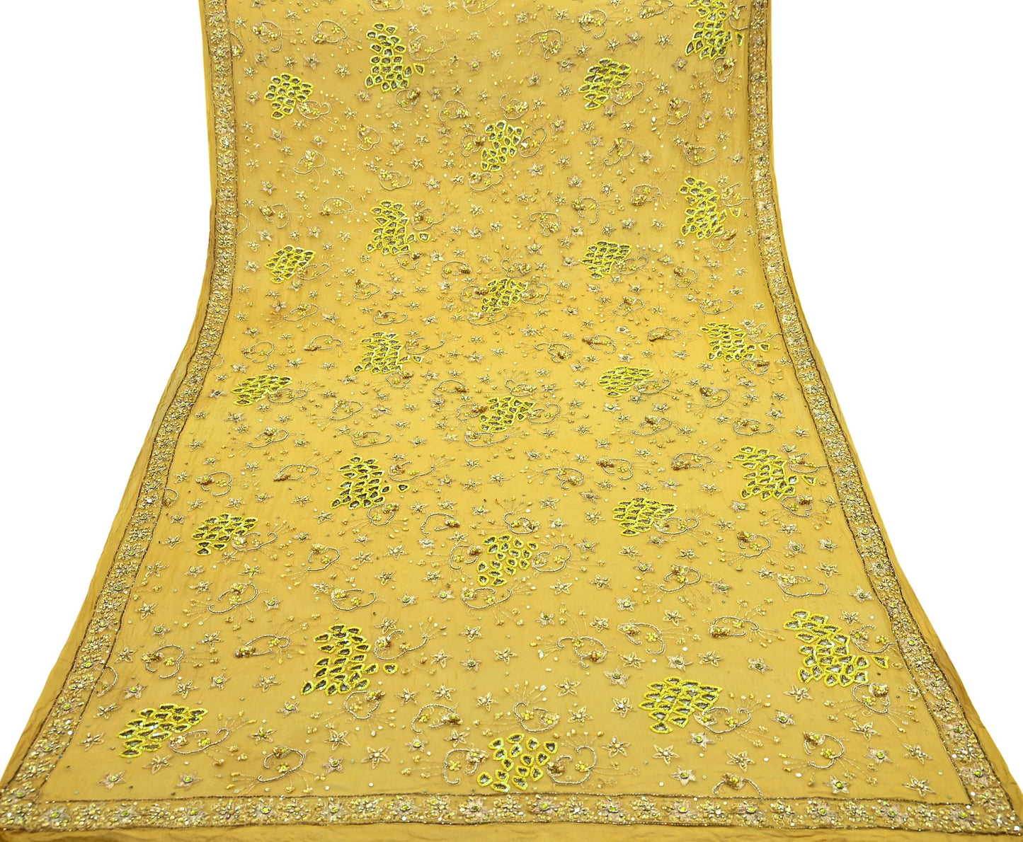 Indian Vintage Heavy Mustard Dupatta Pure Georgette Silk Long Stole Hand Embroidered Scarf Zari